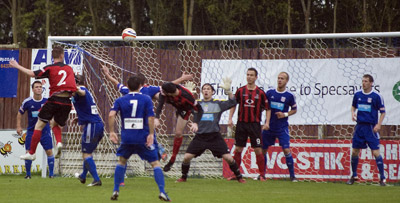 Swindon Supermarine v Cirencester Town.Cirencester's Alex Allard heads over.