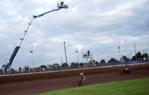 Speedway v PooleWide shot of the first bend showing Sky cameras