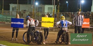 Speedway final first leg.Startline girls with Excalibur boards