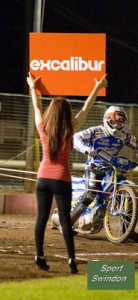 Speedway final first leg.Startline girls with Excalibur boards