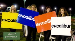 Speedway final first leg.Startline girls with Excalibur boards